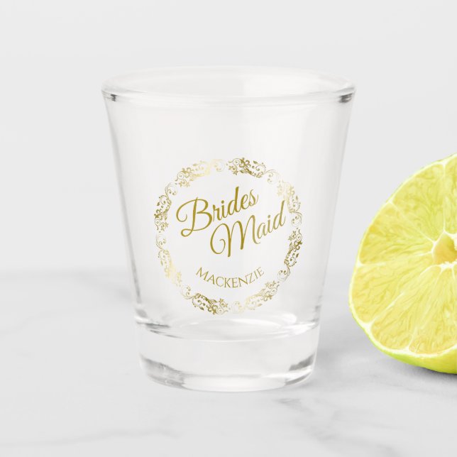 Gold Filigree Elegant Bridesmaid Wedding Favor Shot Glass (Front)