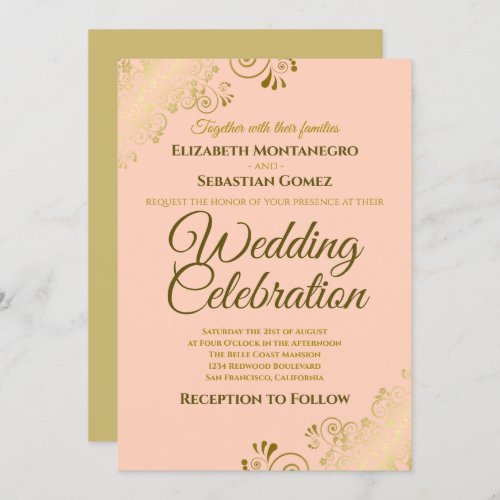 Gold Filigree Elegant Formal Coral Peach Wedding Invitation