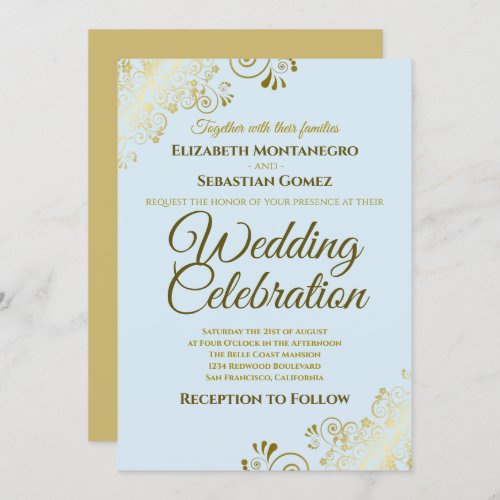 Gold Filigree Elegant Formal Powder Blue Wedding Invitation