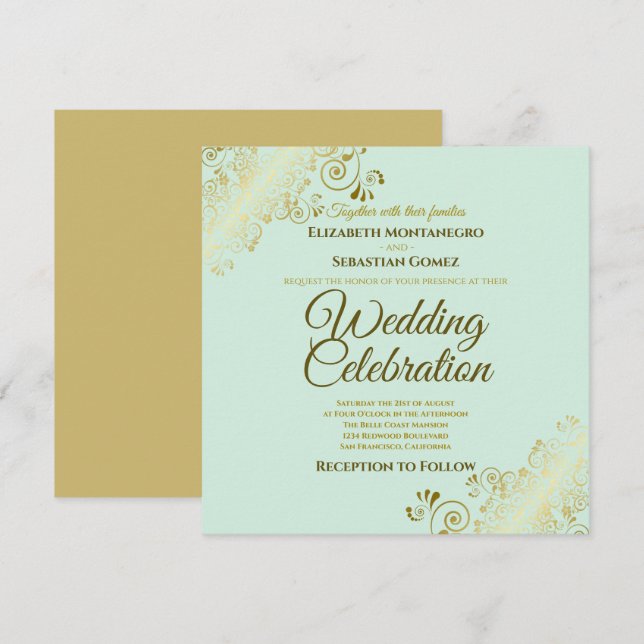 Gold Filigree Elegant Mint Green Square Wedding Invitation (Front/Back)