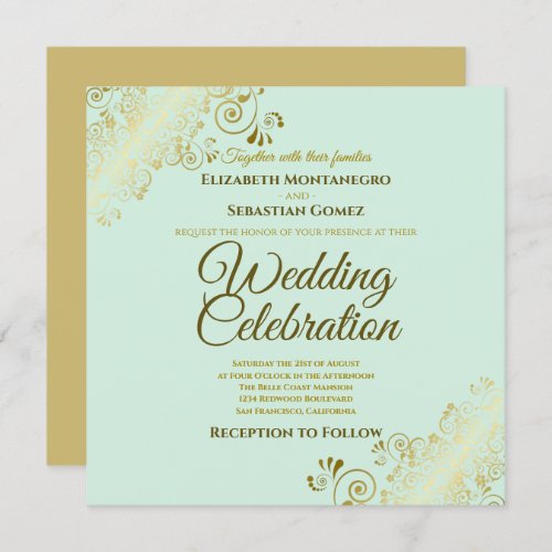 Gold Filigree Elegant Mint Green Square Wedding Invitation