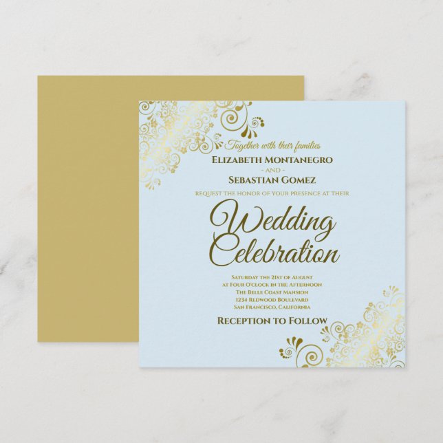 Gold Filigree Elegant Powder Blue Square Wedding Invitation (Front/Back)