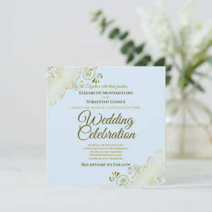 Gold Filigree Elegant Powder Blue Square Wedding Invitation