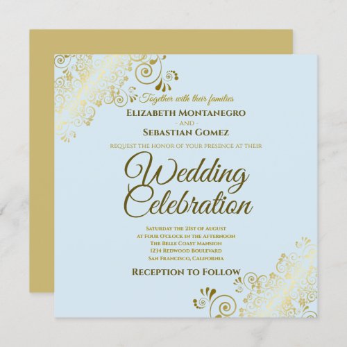 Gold Filigree Elegant Powder Blue Square Wedding Invitation