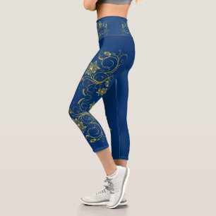 Gold Filigree Floral Vine Sporty chic Activewear Capri Leggings