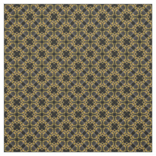 Gold Filigree Flowers & Black Gray Check Pattern Fabric