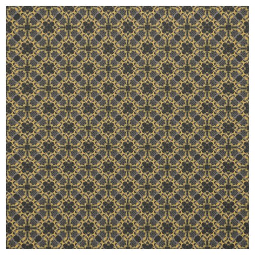 Gold Filigree Flowers & Black Gray Check Pattern Fabric