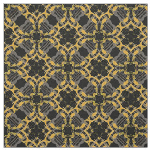 Gold Filigree Flowers & Black Gray Check Pattern Fabric