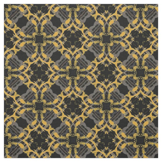 Gold Filigree Flowers & Black Gray Check Pattern Fabric (Swatch)