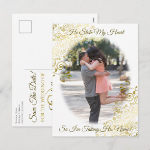 Gold Filigree He Stole My Heart Save the Date Holiday Postcard