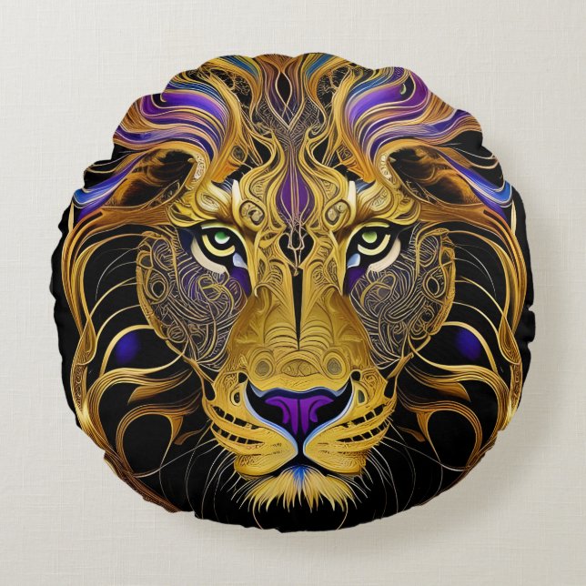 Gold Filigree Lion  Round Pillow (Front)