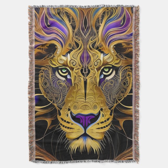 Gold Filigree Lion  Throw Blanket (Front Vertical)