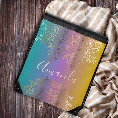 Gold Filigree Mandala On Pastel Rainbow Custom Drawstring Bag