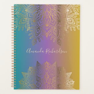 Gold Filigree Mandala On Pastel Rainbow Custom Planner