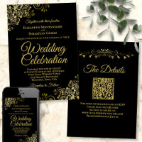 Gold Filigree on Black Elegant QR Code Wedding
