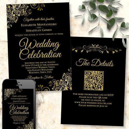 Gold Filigree on Black Elegant QR Code Wedding Invitation
