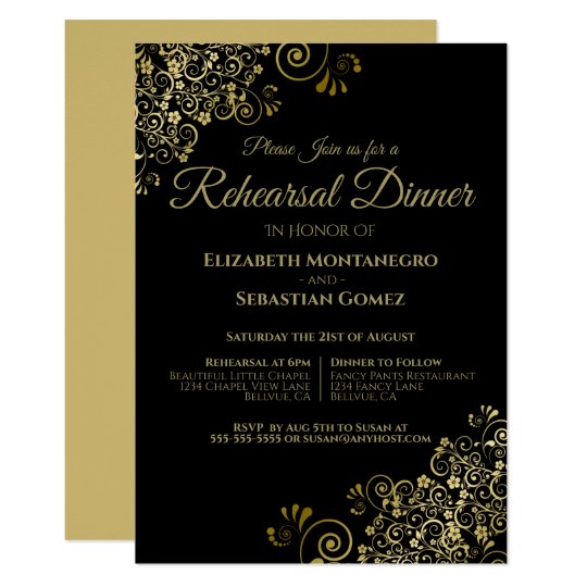 Gold Filigree on Black Wedding Rehearsal & Dinner Invitation | Zazzle.com