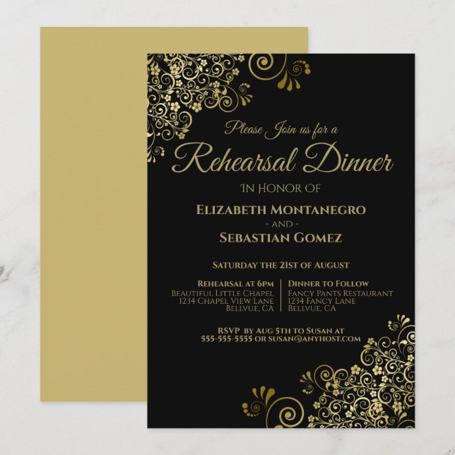 Gold Filigree on Black Wedding Rehearsal & Dinner Invitation (Front/Back)