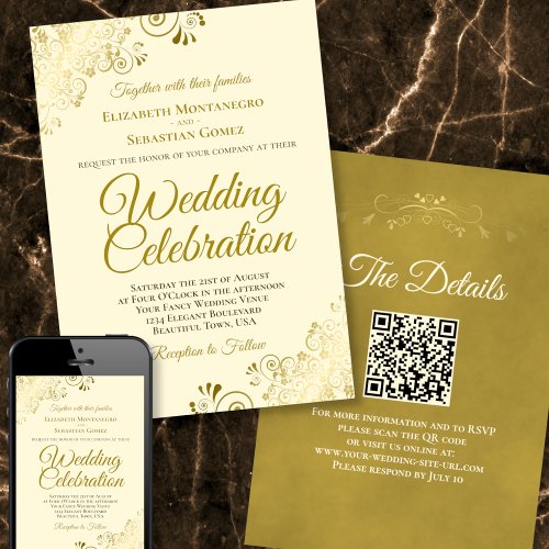 Gold Filigree on Cream Elegant QR Code Wedding Invitation