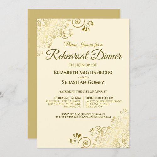 Gold Filigree on Cream Wedding Rehearsal  Dinner Invitation