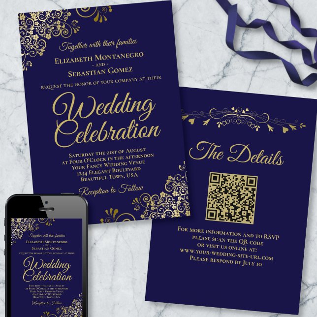 Gold Filigree on Navy Blue Elegant QR Code Wedding Invitation (Creator Uploaded)