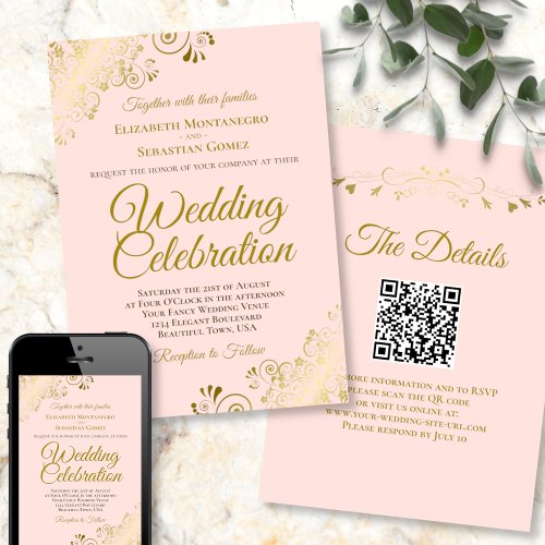 Gold Filigree on Pink Elegant QR Code Wedding Invitation
