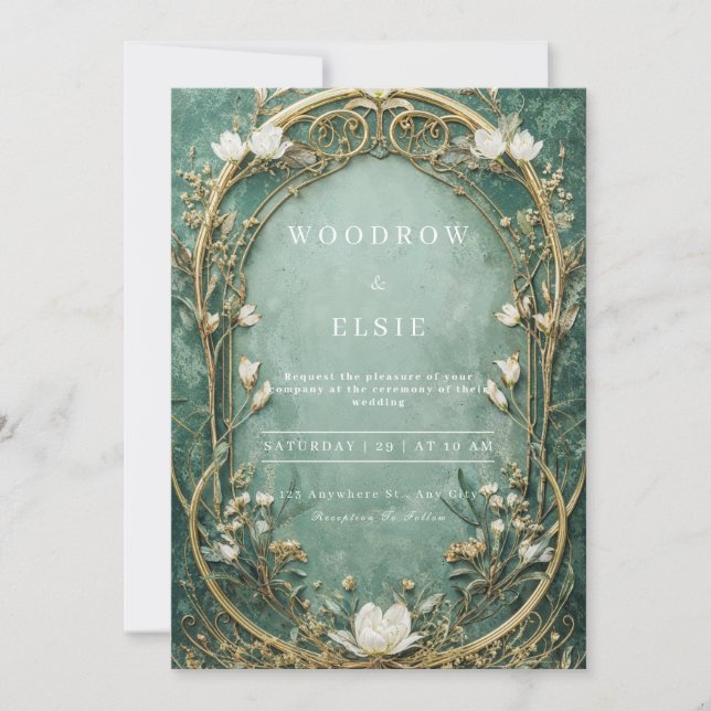 Gold Filigree Seafoam Green Art Nouveau Wedding Invitation (Front)