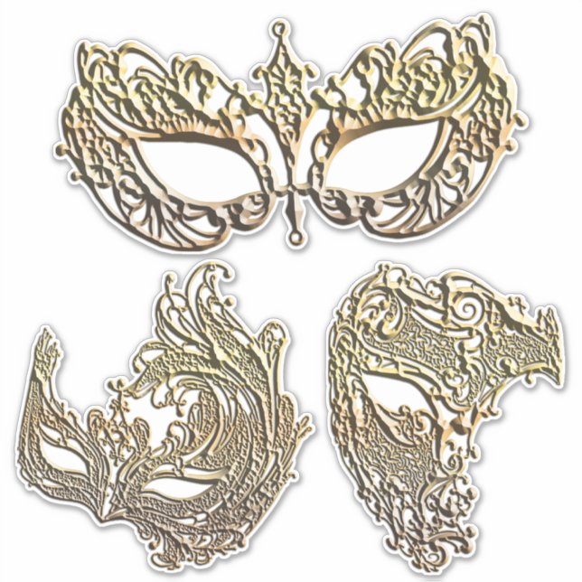 Gold Filigree Venetian Mardi Gras Masks Art Sticker (Front)