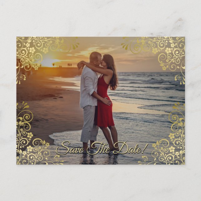 Gold Filigree Wedding Save the Date Photo Card (Front)