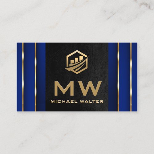 Gold Fin Tech Icon  Black Leather Gold Blue Business Card