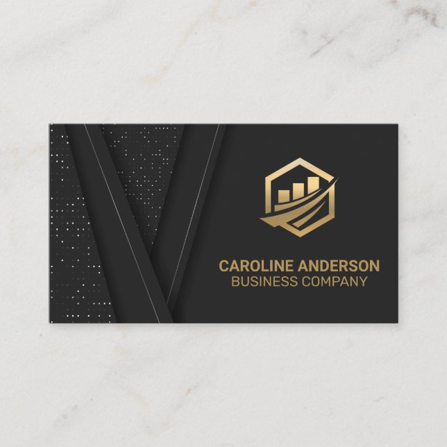 Gold Finance Icon | Black Luxury Background Busine Business Card (Front)