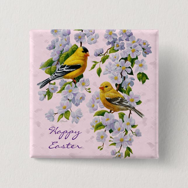 Gold Finch Birds & Apple Tree Pink Button (Front)