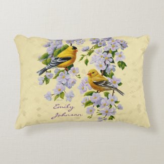 Gold Finches & Apple Blossoms Yellow Accent Pillow