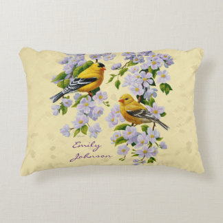 Gold Finches & Apple Blossoms Yellow Accent Pillow