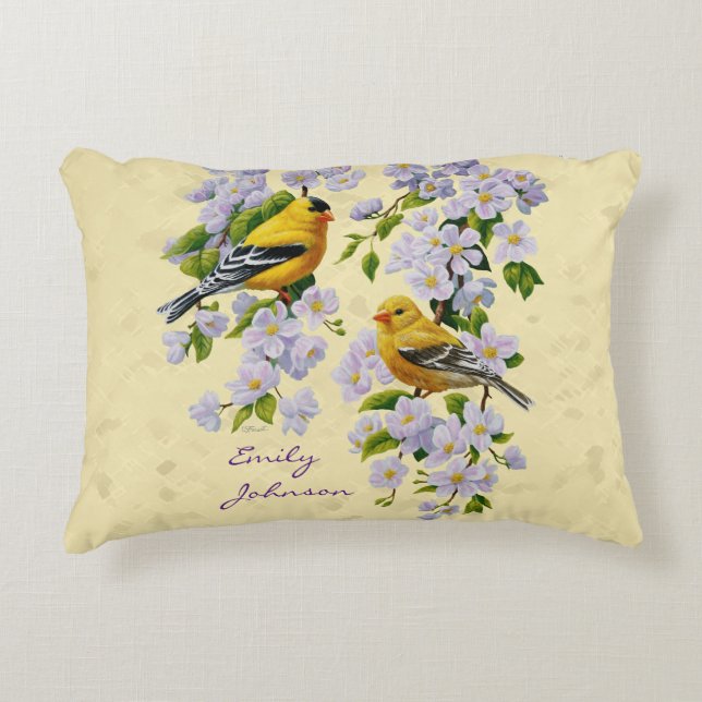 Gold Finches & Apple Blossoms Yellow Accent Pillow (Front)