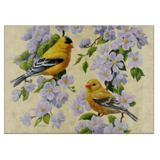 Gold Finches & Apple Blossoms Yellow Cutting Board