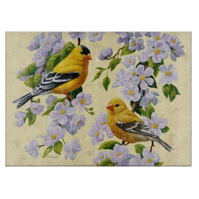 Gold Finches & Apple Blossoms Yellow Cutting Board (Front)