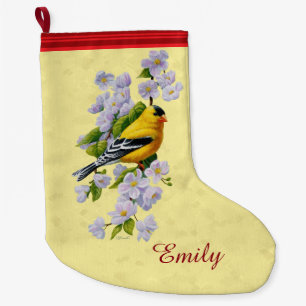 Gold Finches & Apple Blossoms Yellow Large Christmas Stocking
