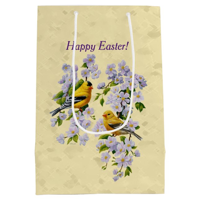 Gold Finches & Apple Blossoms Yellow Medium Gift Bag (Back)