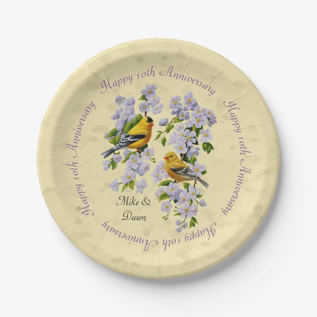 Gold Finches & Apple Blossoms Yellow Paper Plates (Front)