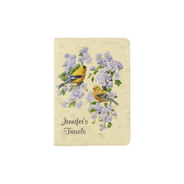 Gold Finches & Apple Blossoms Yellow Passport Holder (Front)