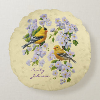 Gold Finches & Apple Blossoms Yellow Round Pillow