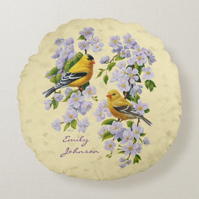 Gold Finches & Apple Blossoms Yellow Round Pillow (Front)