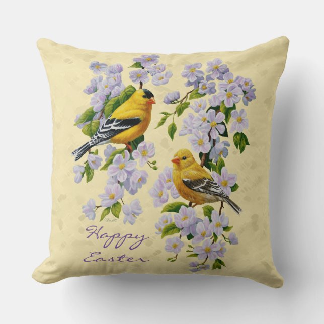 Gold Finches & Apple Blossoms Yellow Throw Pillow (Front)