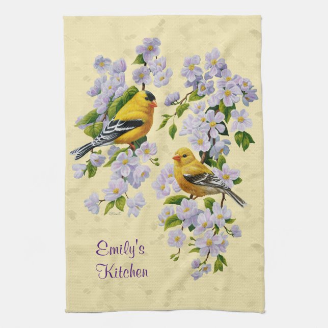 Gold Finches & Apple Blossoms Yellow Towel (Vertical)