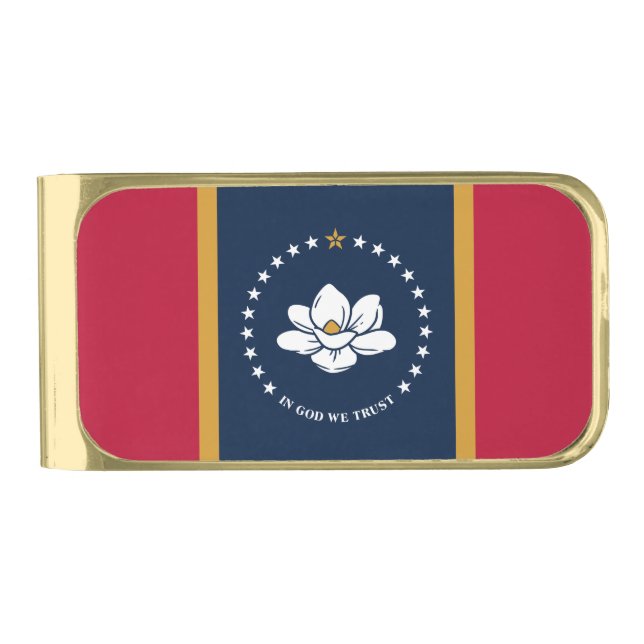 Gold finish Money Clip with flag of Mississippi (Front)
