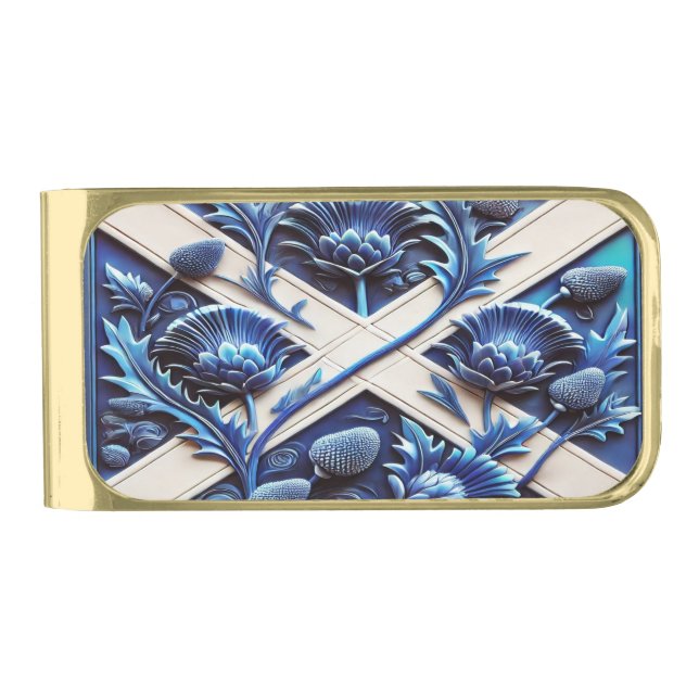 Gold finish Money Clip with Scottish thistles (Front)