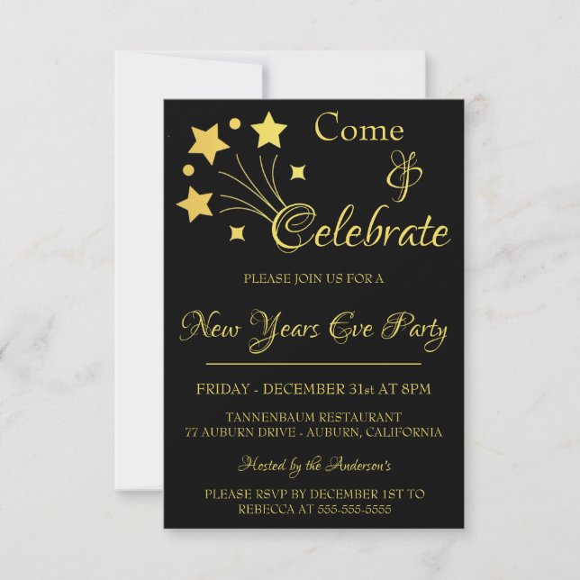Gold Fireworks New Years Party Invitation (Front)