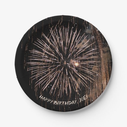 Gold fireworks on black birthday paper plates