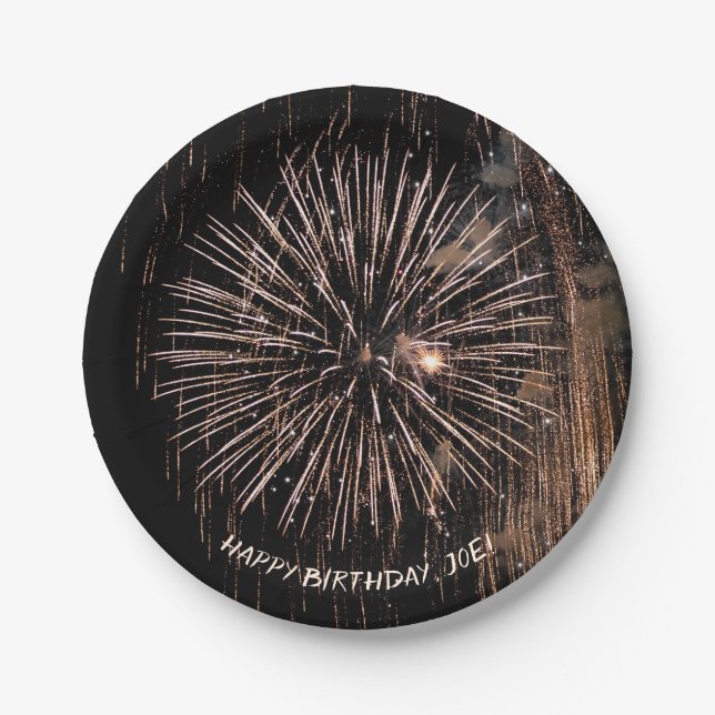 Gold fireworks on black birthday paper plates (Front)